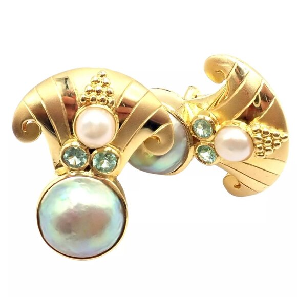 Rare! Vintage Paula Crevoshay 18k Gold Abalone Pearl Blue Gemstone Earrings OOAK - Picture 15 of 15